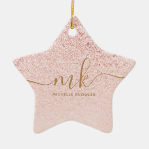 Trendige Roségold Glitter Fancy Initialen und Name Keramik Ornament