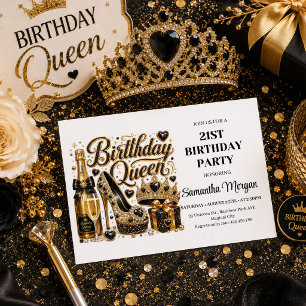 Trendige schwarze Gold-Glitter-Geburtstags-Queen-P Einladung