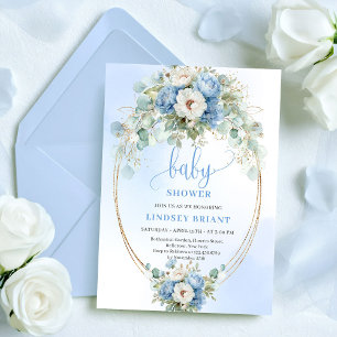 Trendige staubblaue Blumen Gold Baby Shower Karte