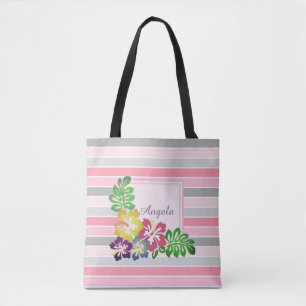 Trendige Streifen, Hawaii Hibiskus - Personalisier Tasche
