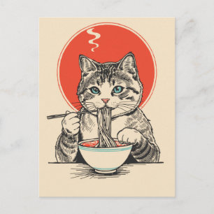 Trendige süße Katze, die japanische Ramen isst  Postkarte