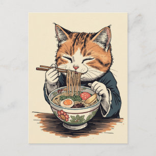 Trendige süße Katze, die japanische Ramen isst  Postkarte