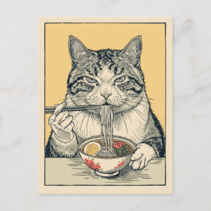 Trendige süße Katze, die japanische Ramen isst  Postkarte