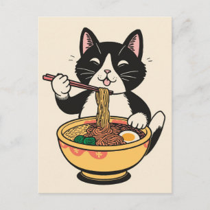 Trendige süße Katze, die japanische Ramen isst Postkarte