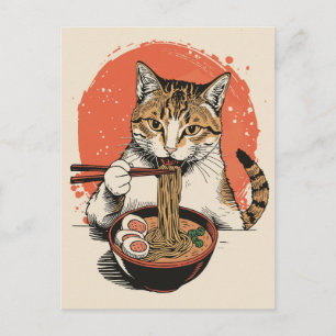 Trendige süße Katze, die japanische Ramen isst Postkarte