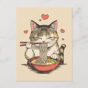 Trendige süße Katze, die japanische Ramen isst  Postkarte