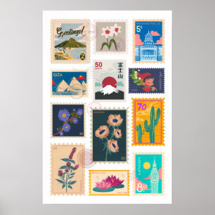 Trendige Vintage-Postbriefmarken-Sammlung Poster