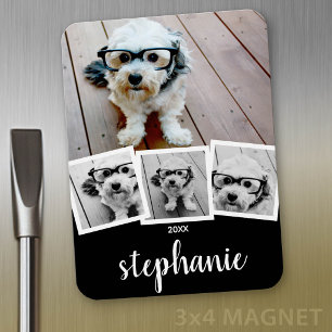 Trendiger 4-Foto-Collagen-Script-Name Weiß Schwarz Magnet