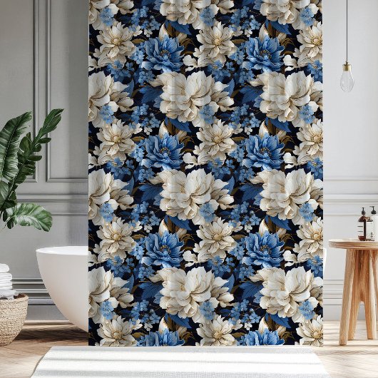 Trendiger blauer Elfenbein Blumen Badezimmer Dusch Duschvorhang