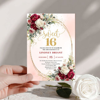 Trendiger Boho-Tiefrot-Gold-Blumen-Sweet Sixteen Einladung