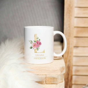 Trendiger goldener Wasserfarben-Blumenbuchstabe L Kaffeetasse