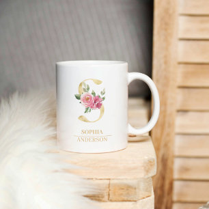 Trendiger goldener Wasserfarben-Blumenbuchstabe S Kaffeetasse