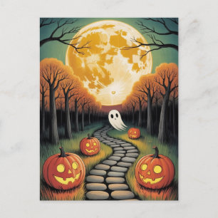 Trendiger gruseliger Halloween-Kürbis-Geister-Mond Postkarte