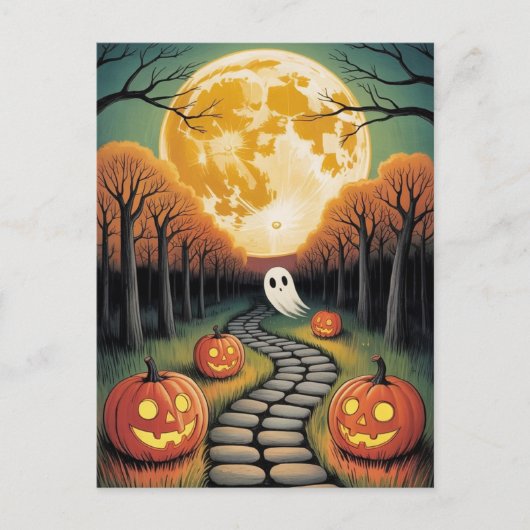 Trendiger gruseliger Halloween-Kürbis-Geister-Mond Postkarte (Vorderseite)
