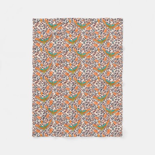Trendiger Leopardenprint, Paradiesvögel, orange Fleecedecke (Vorderseite)