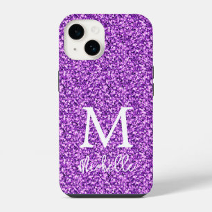 Trendiger lila Glitter-Monogramm-Initial-Name iPhone 14 Hülle