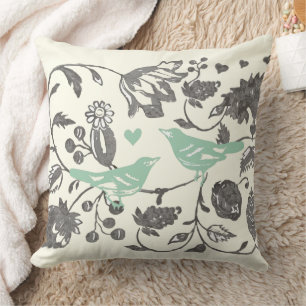 Trendiger Minz- und Grauer Vintage-Blumen-Vogel Kissen