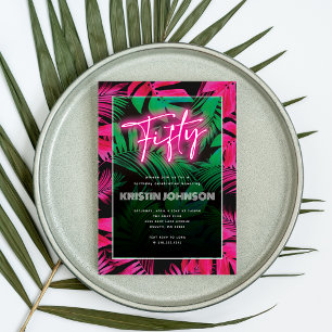 Trendiger Neon-Pink-Tropischer 50. Geburtstag Einladung
