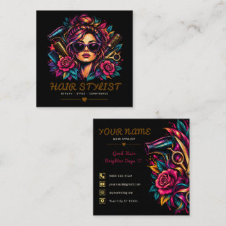 Trendiger Retro-Tattoo-Blumen-Friseur Quadratische Visitenkarte