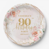 Trendiger Rosa Blüten-Gold 90. Geburtstag Pappteller (Vorderseite)