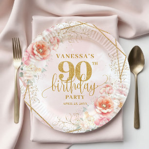 Trendiger Rosa Blüten-Gold 90. Geburtstag Pappteller