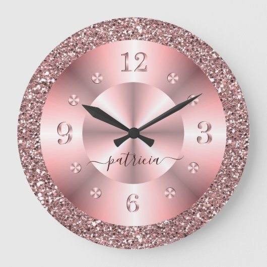 Trendiger Roségold-Glitter-Sparkle-Personalisierte Große Wanduhr (Vorderseite)