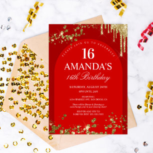 Trendiger roter und goldener Glitter-Drip-Birthday Einladung