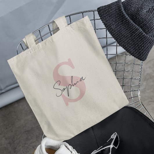 Trendiger Schriftname mit rosa initialen Monogramm Tragetasche