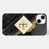 Trendiger schwarzer Marmor, Gold-Sequins-Monogramm Case-Mate iPhone Hülle (Rückseite (Horizontal))