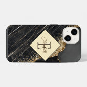 Trendiger schwarzer Marmor, Gold-Sequins-Monogramm iPhone Hülle (Rückseite (Horizontal))