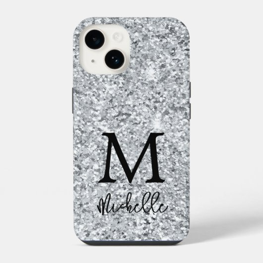 Trendiger silberner Glitter-Monogramm-Name iPhone Hülle (Rückseite)