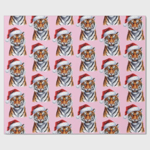 Trendiger Tiger mit Weihnachtsmannmütze Weihnachte Geschenkpapier