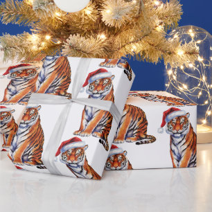 Trendiger Tiger mit Weihnachtsmannmütze Weihnachte Geschenkpapier