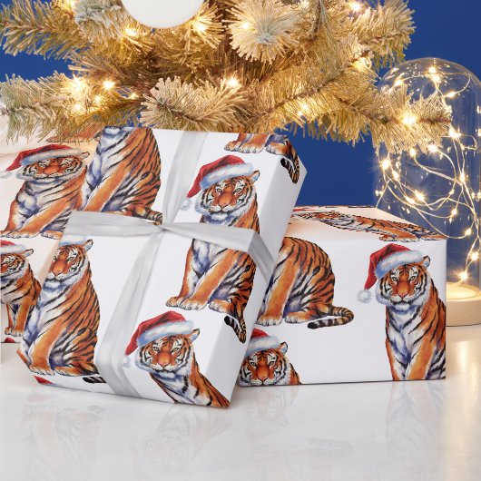 Trendiger Tiger mit Weihnachtsmannmütze Weihnachte Geschenkpapier (Feiertage)