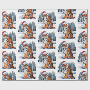 Trendiger Tiger mit Weihnachtsmannmütze Weihnachte Geschenkpapier