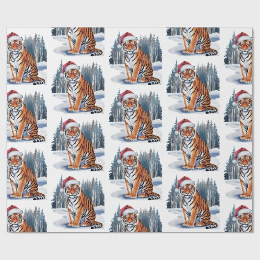 Trendiger Tiger mit Weihnachtsmannmütze Weihnachte Geschenkpapier (Flach)