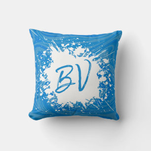 Trendiger Wasserfarbe-Spritzer Blau-Monogramm Kissen