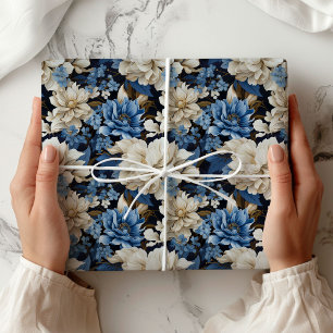 Trendiges blaues Elfenbein-Blumen-Dekorativ-Gesche Geschenkpapier