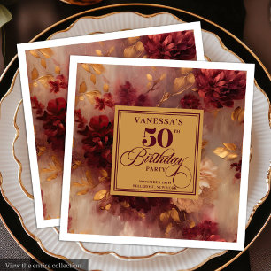 Trendiges Dunkelrotes Rouge Goldene Blumen 50. Geb Serviette