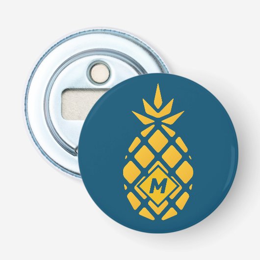 Trendiges geometrisches Ananas Blau Monogramm Flaschenöffner (Vorderseite)