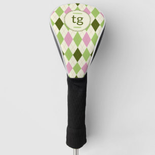 Trendiges Green & Pink Raute Muster Modernes Monog Golf Headcover