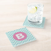 Trendiges Hellblau-Chevron-Rosa-Monogramm Glasuntersetzer (Schrägansicht)