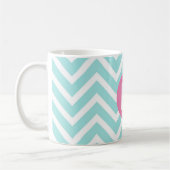 Trendiges Hellblau-Chevron-Rosa-Monogramm Kaffeetasse (Links)
