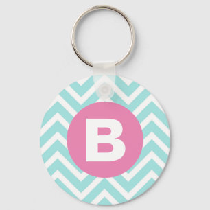 Trendiges Hellblau-Chevron-Rosa-Monogramm Schlüsselanhänger