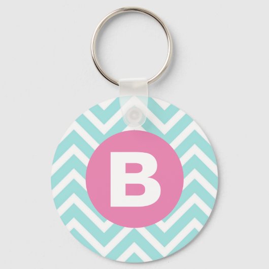 Trendiges Hellblau-Chevron-Rosa-Monogramm Schlüsselanhänger (Vorderseite)