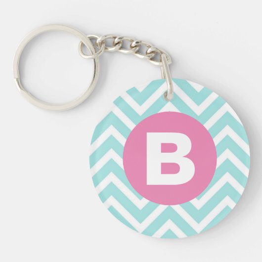 Trendiges Hellblau-Chevron-Rosa-Monogramm Schlüsselanhänger (Vorderseite)