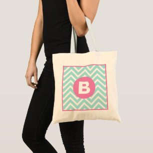 Trendiges Hellblau Chevron Rosa Monogramm Tragetasche