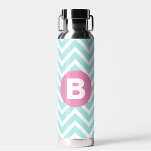 Trendiges Hellblau-Chevron-Rosa-Monogramm Trinkflasche