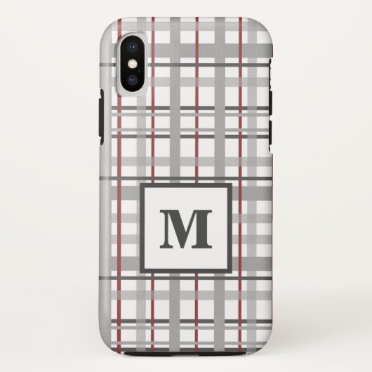 Trendiges Karo Grau Silber Rot Monogramm Case-Mate iPhone Hülle (Rückseite)