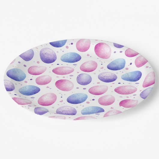 Trendiges Lila und rosa Ostereiermuster Pappteller (Schrägansicht)